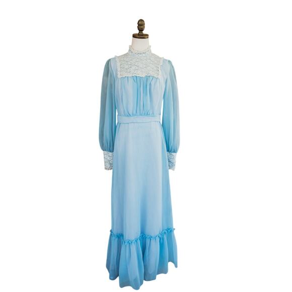 Vintage 1970s Baby Blue Sheer Prairie Dress with Lace Cottage Core - Picture 1 of 8
